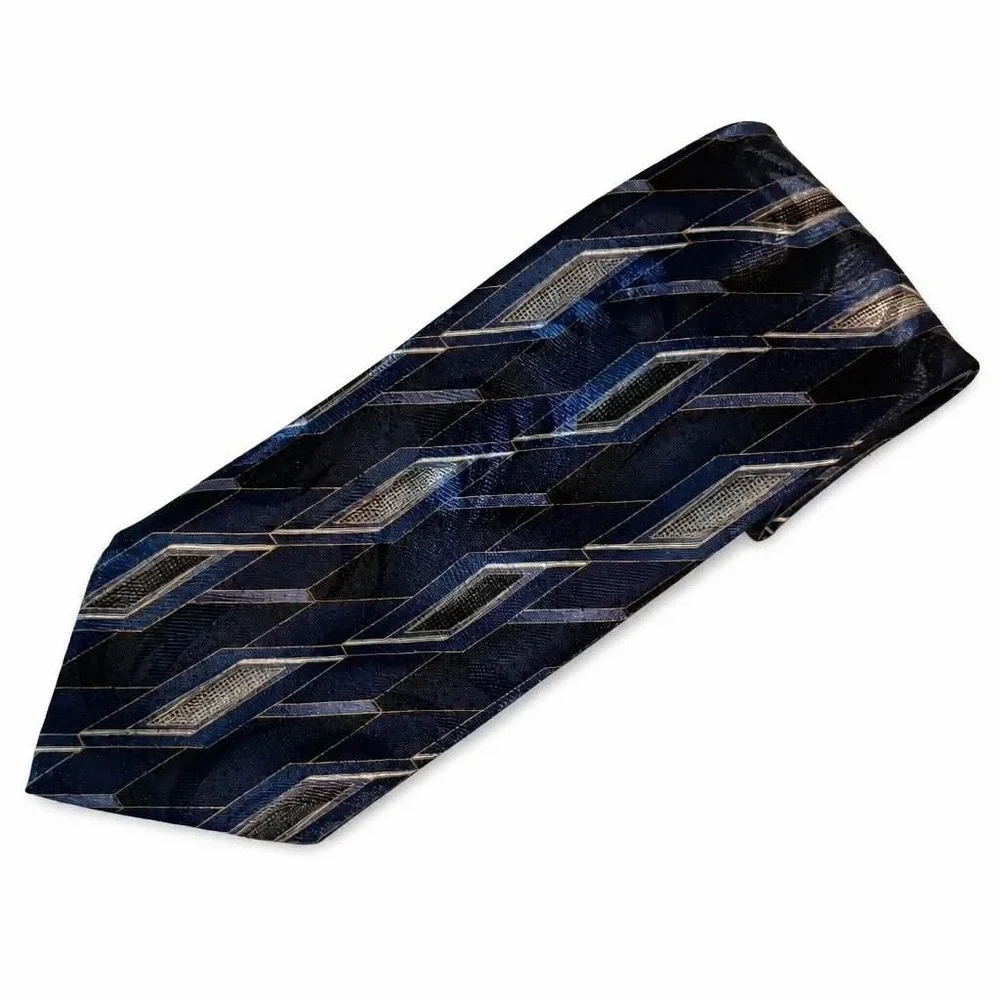 Vintage Towncraft Clip On Tie Mens Blue Gray Gold Geometric Abstract Polyester